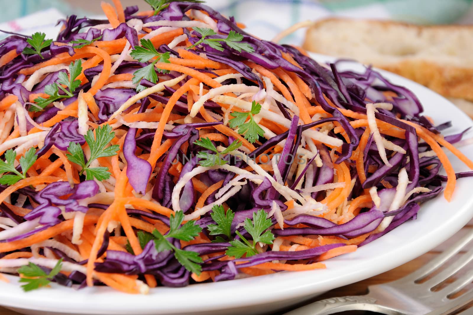Coleslaw salad of red cabbage with carrots, Celery root