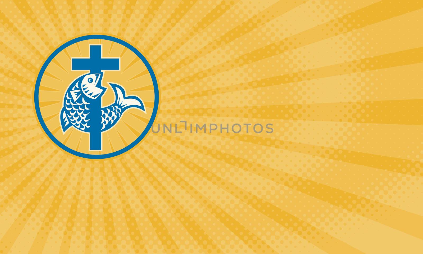 Business card showing Illustration of a fish jumping with Christian cross set inside circle done in retro style on isolated white background a sign symbol of christianity and christian faith.



