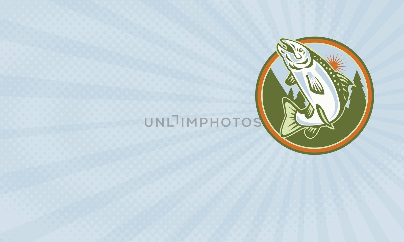 Business card showing Illustration of a spotted speckled trout fish jumping set inside circle done in retro style.



