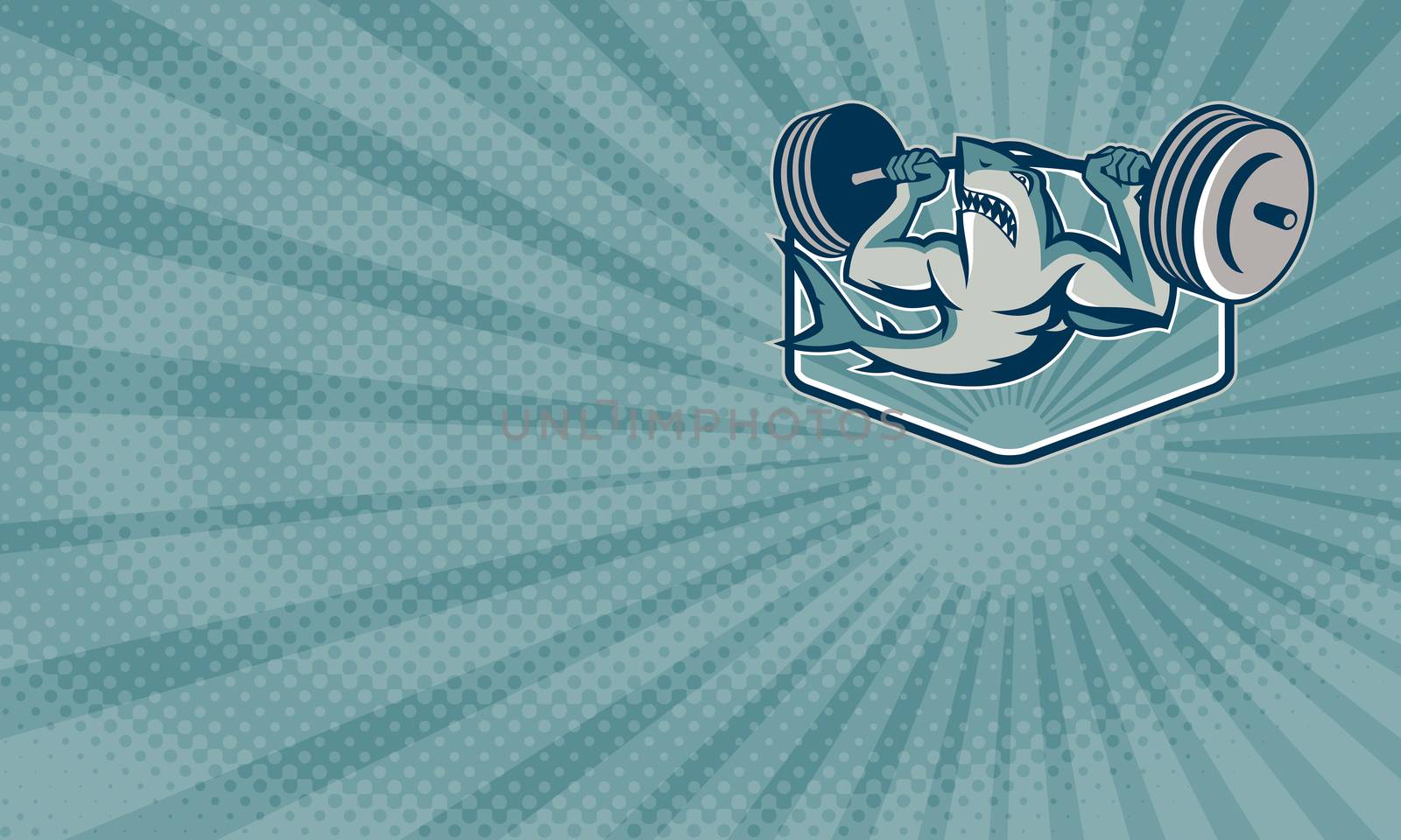 Business card showing Illustration of a shark weightlifter lifting weights barbell viewed from front done in retro style.



