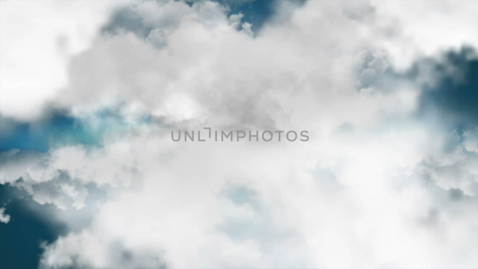 Flying through clouds. Computer graphic. 3D rendering