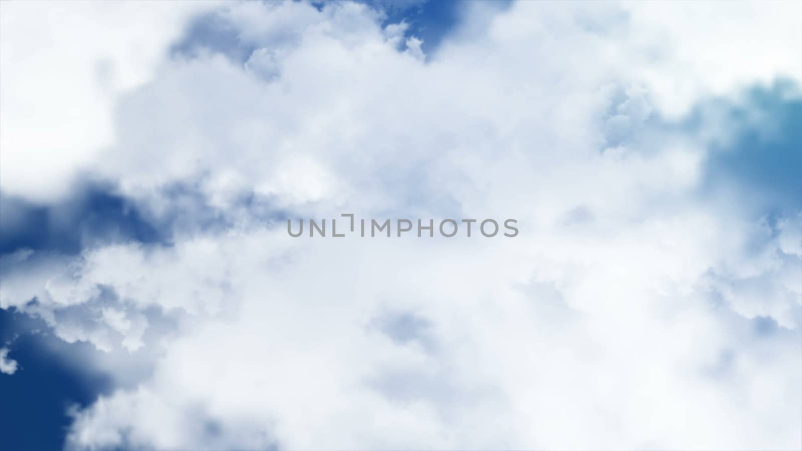 Flying through clouds. Computer graphic. 3D rendering