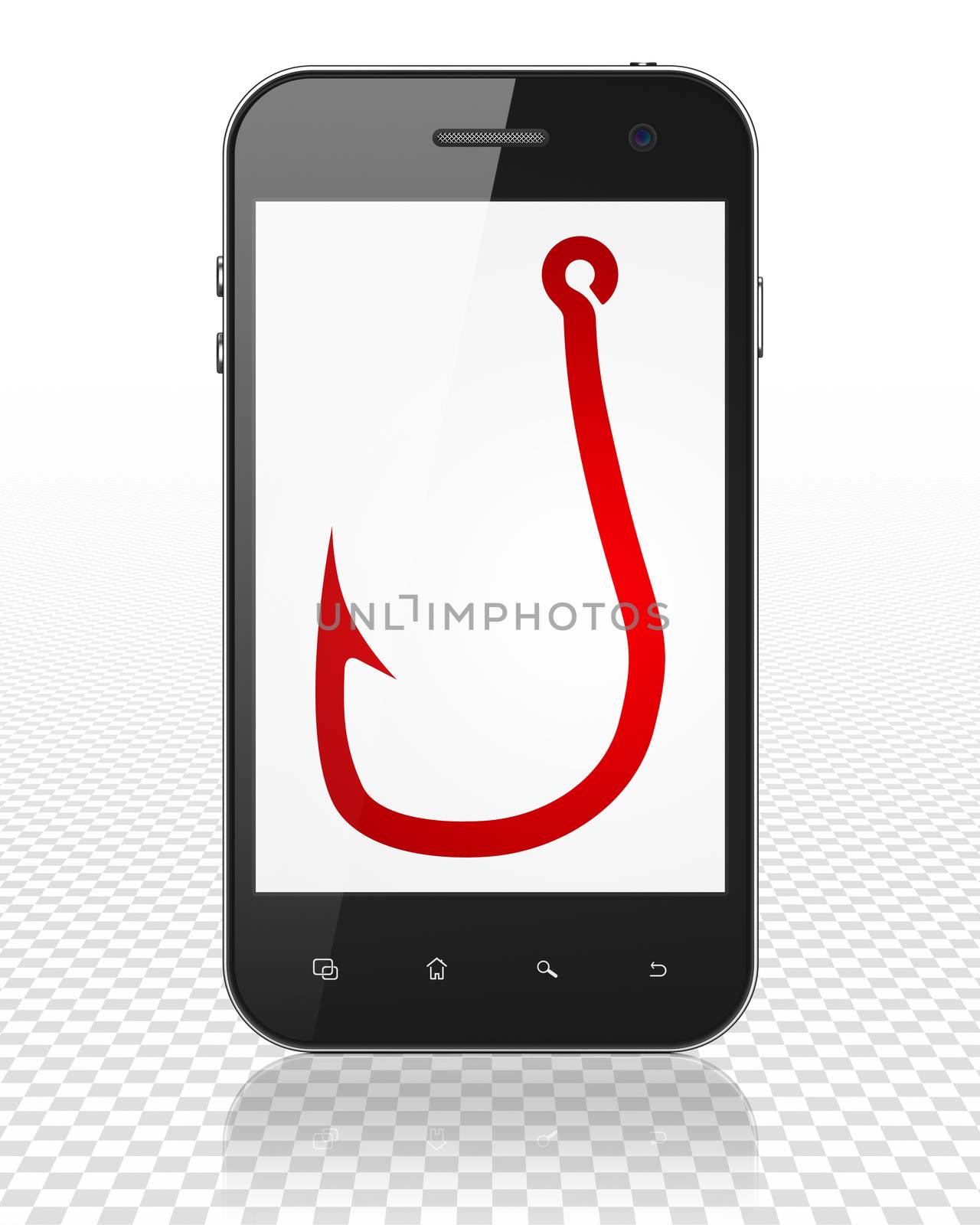 Security concept: Smartphone with red Fishing Hook icon on display, 3D rendering