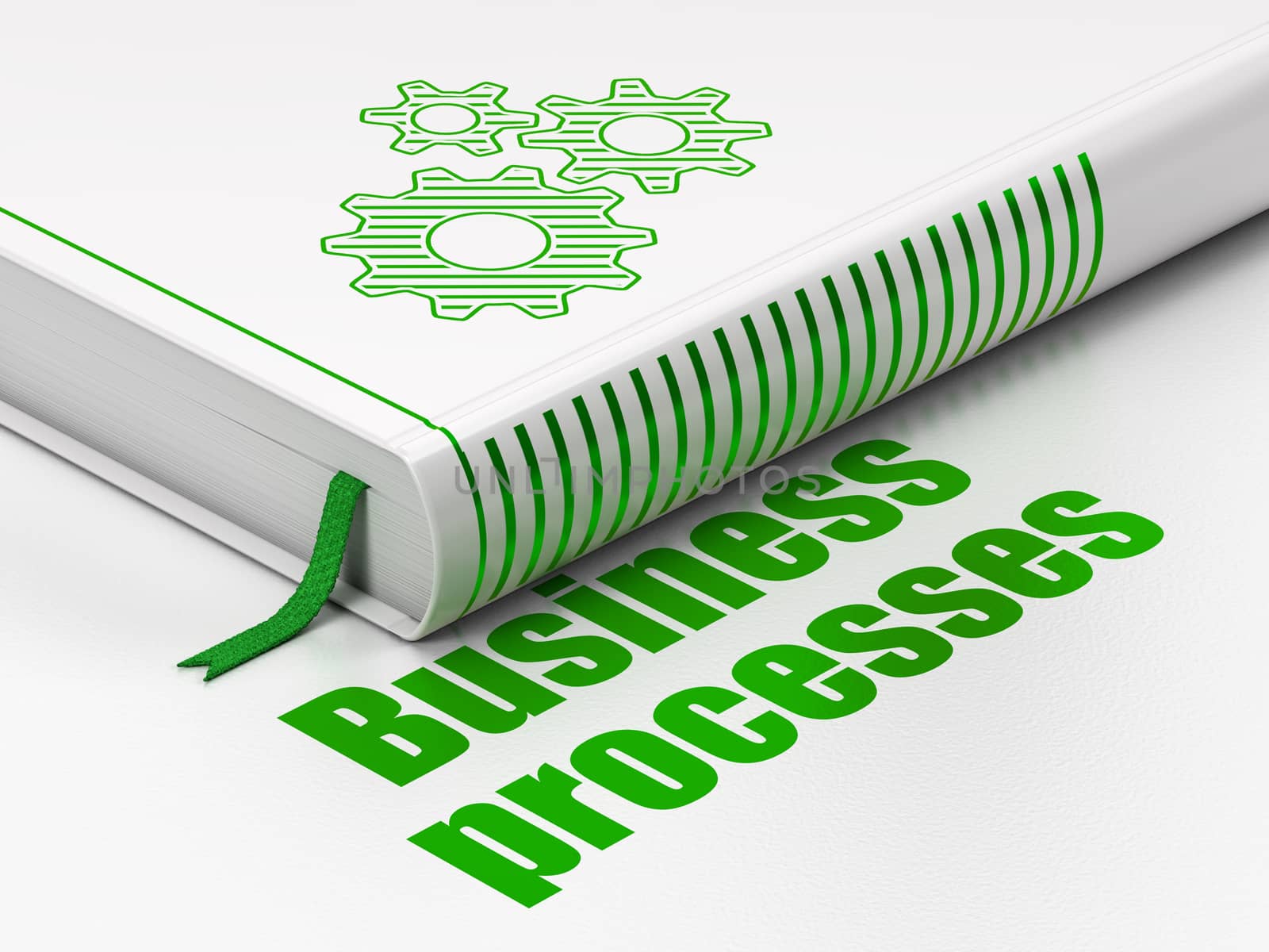 Finance concept: closed book with Green Gears icon and text Business Processes on floor, white background, 3D rendering