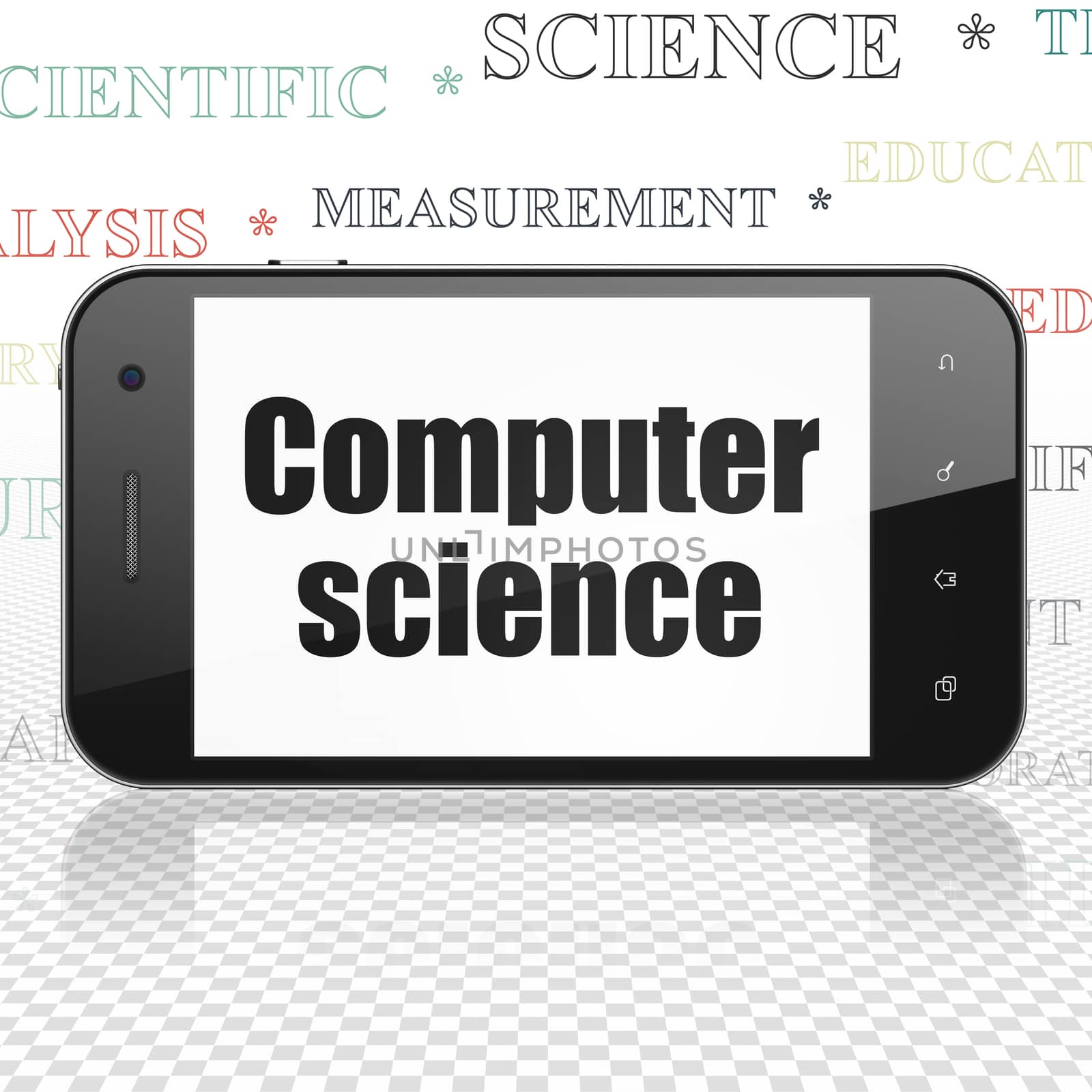 Science concept: Smartphone with  black text Computer Science on display,  Tag Cloud background, 3D rendering