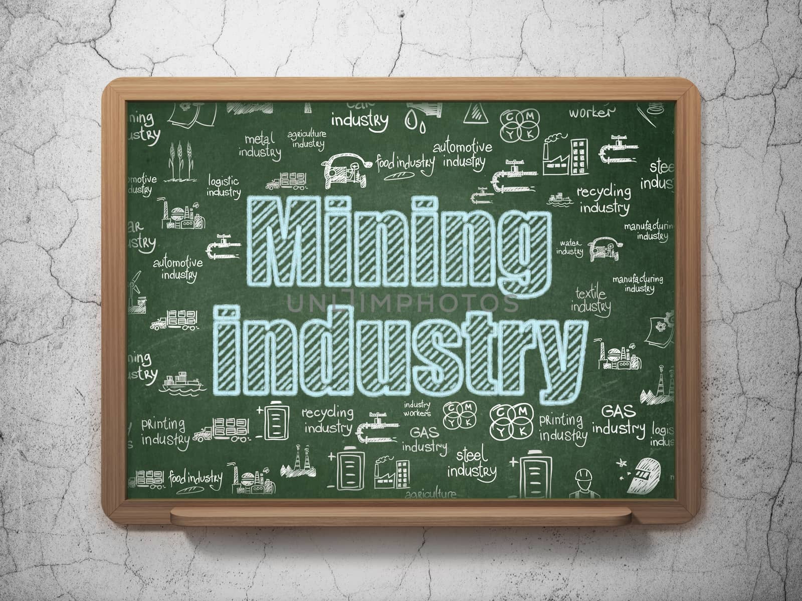 Industry concept: Chalk Blue text Mining Industry on School board background with  Hand Drawn Industry Icons, 3D Rendering