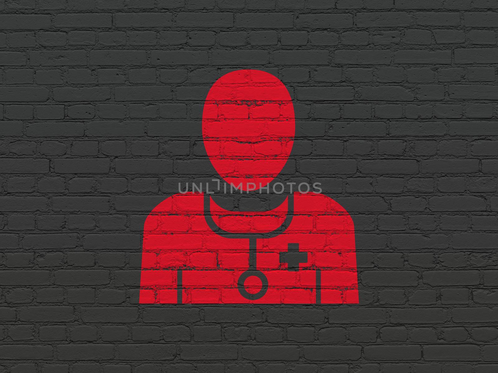 Health concept: Painted red Doctor icon on Black Brick wall background