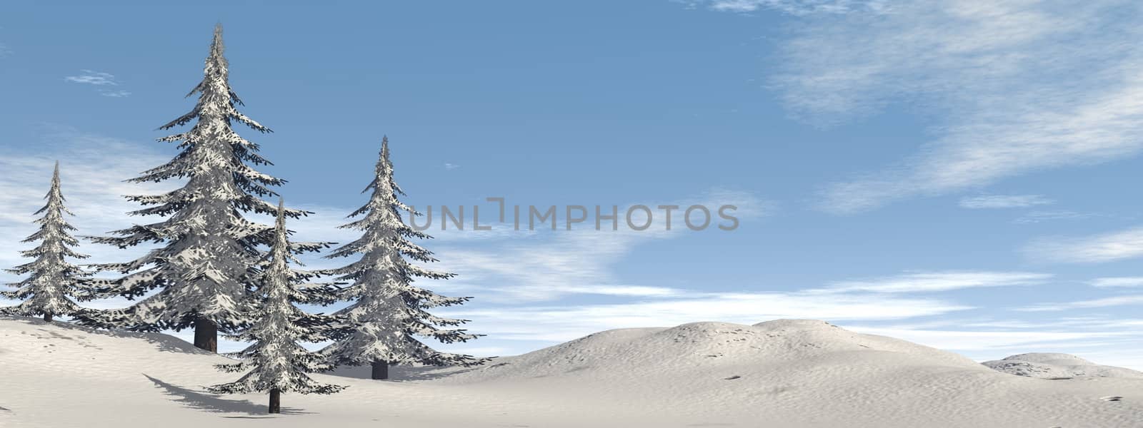 Winter fir trees landscape by sunset - 3D render