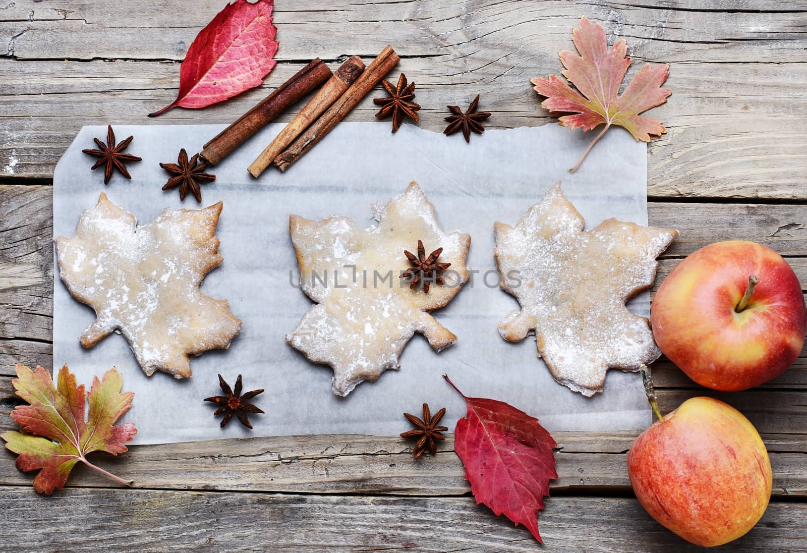 Pastries like cookies maple leaf and autumn apples