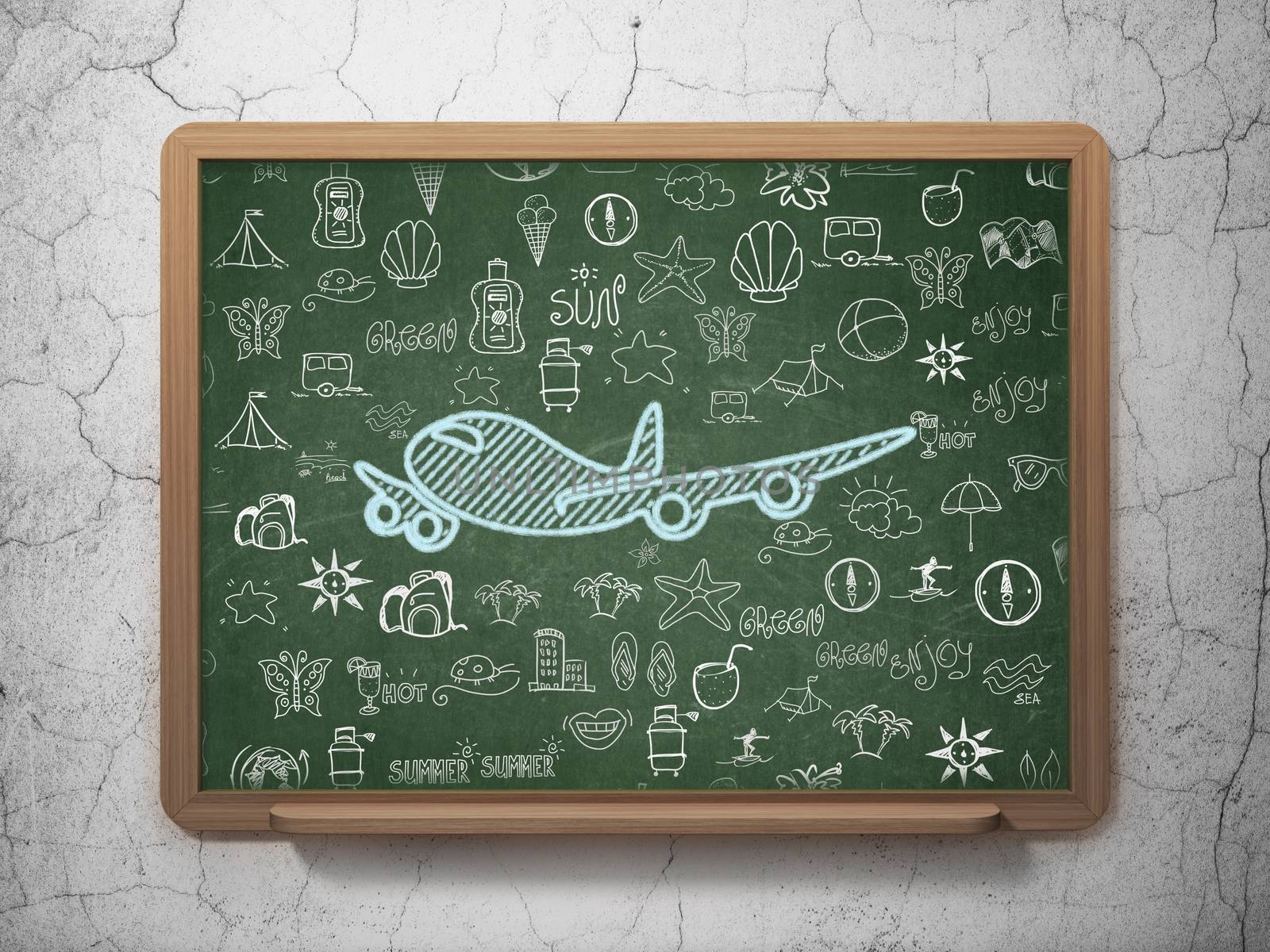 Travel concept: Chalk Blue Airplane icon on School board background with  Hand Drawn Vacation Icons, 3D Rendering