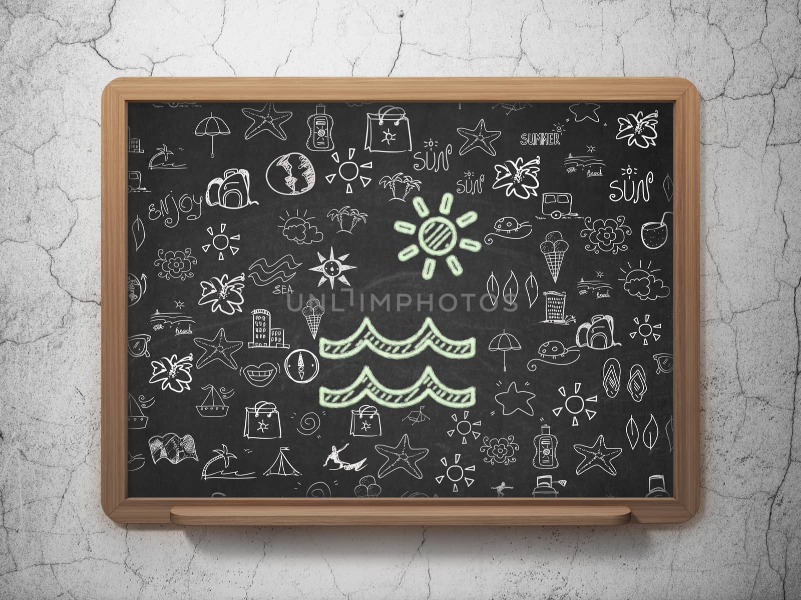Tourism concept: Chalk Green Beach icon on School board background with  Hand Drawn Vacation Icons, 3D Rendering