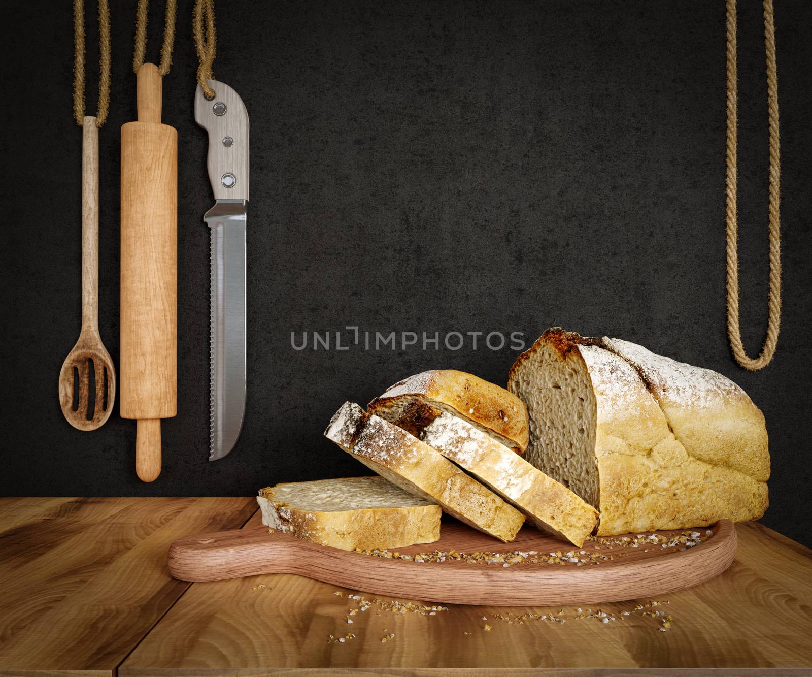 Fresh bread with oat sliced on a slate cutting board photo background copy space by denisgo