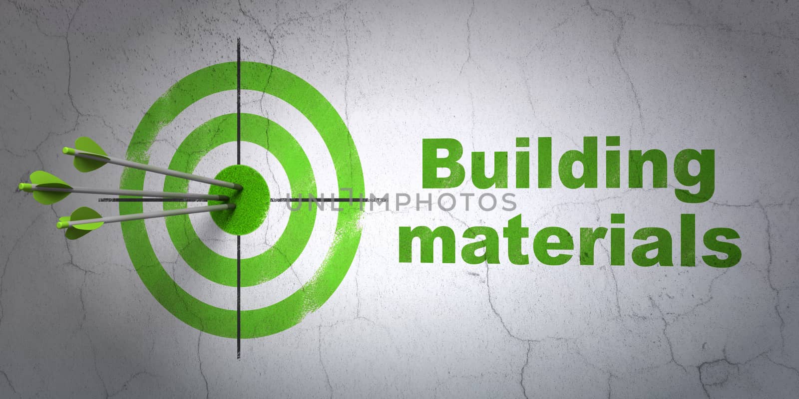 Success building construction concept: arrows hitting the center of target, Green Building Materials on wall background, 3D rendering