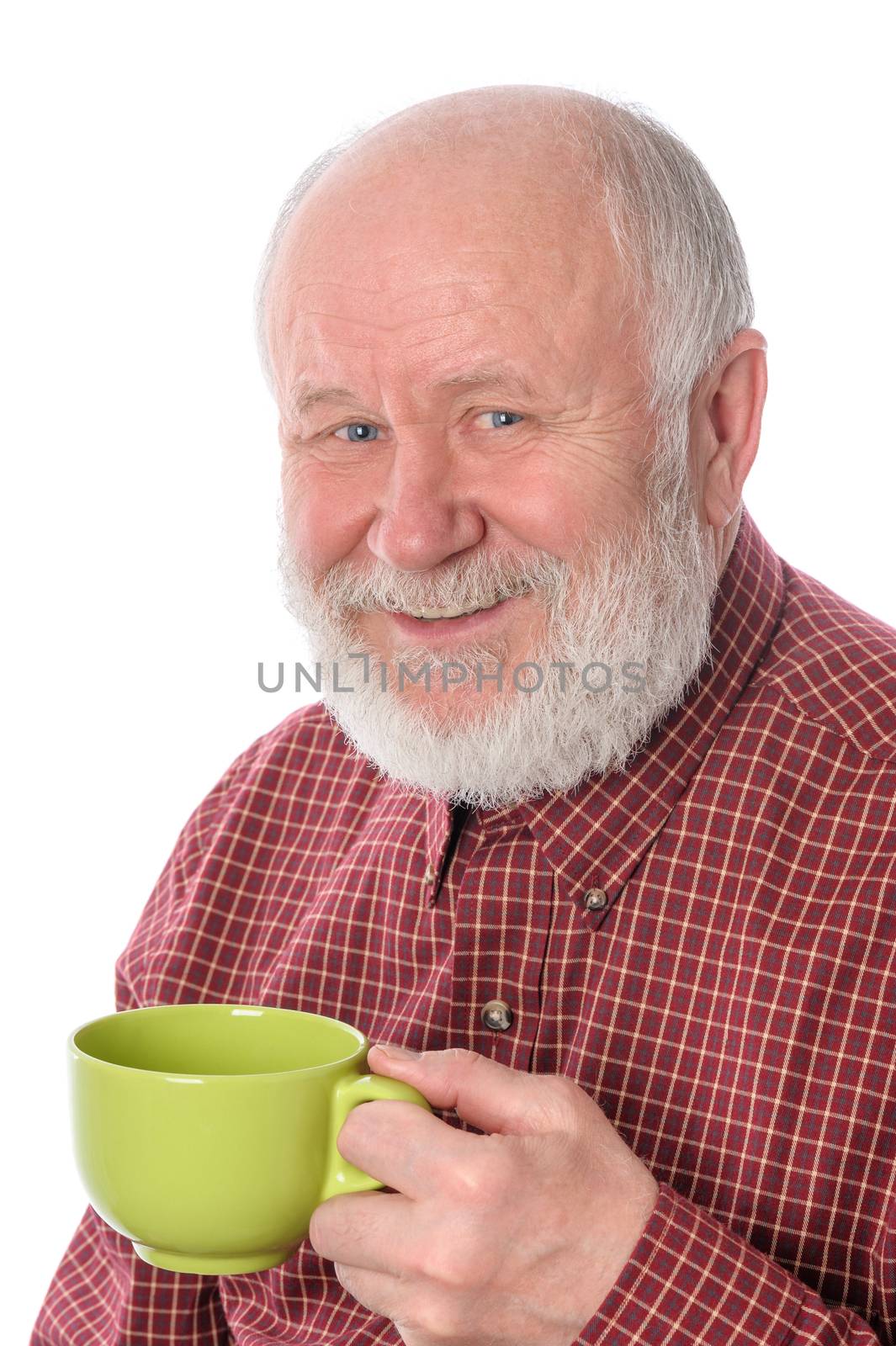 Cheerfull senior man with green cup, isolated on white by starush