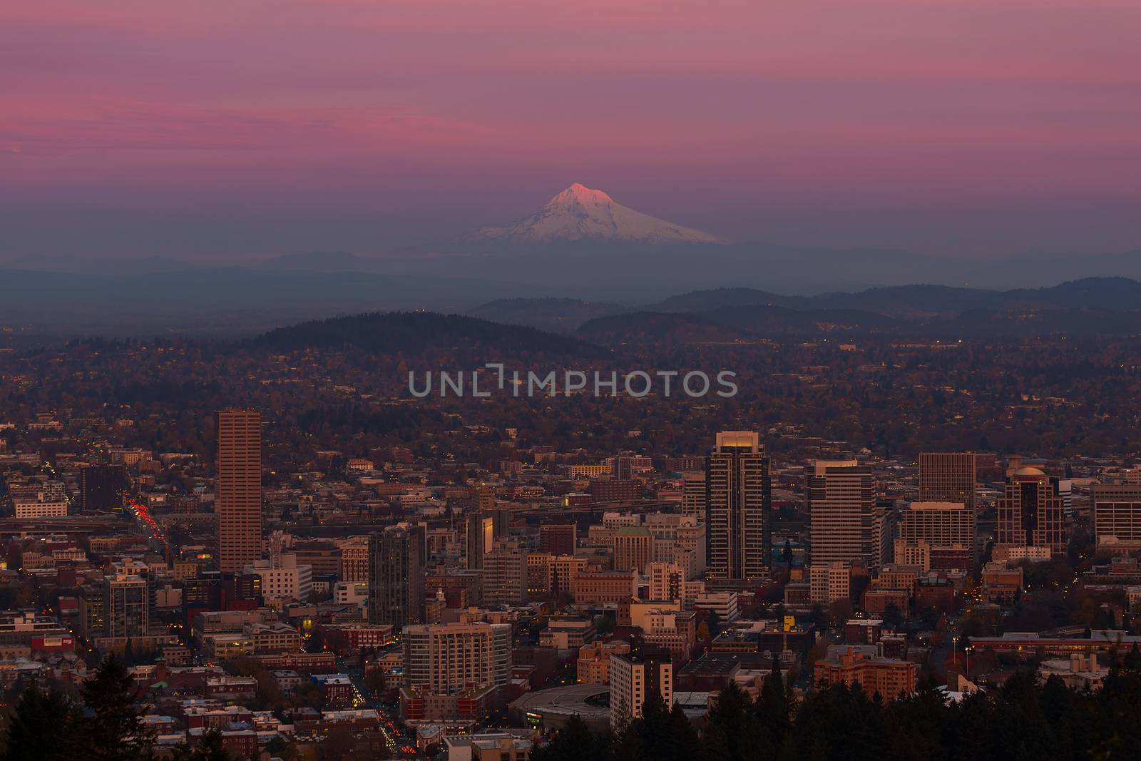 Last light on Mt Hood and the city of Portland Oregon