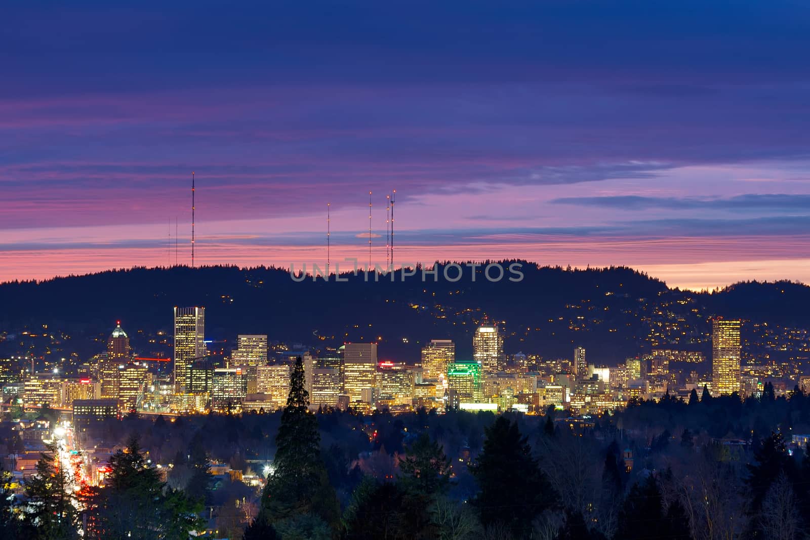 City of Portland Oregon downtown skyline at evening twilight