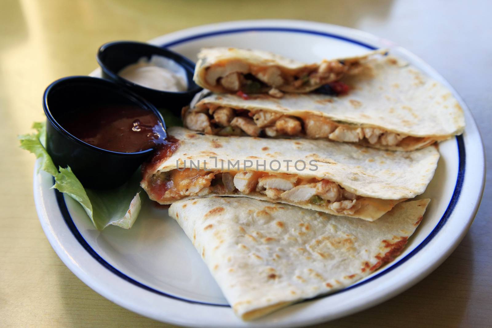 Mexican Quesadilla with chicken and two sauces