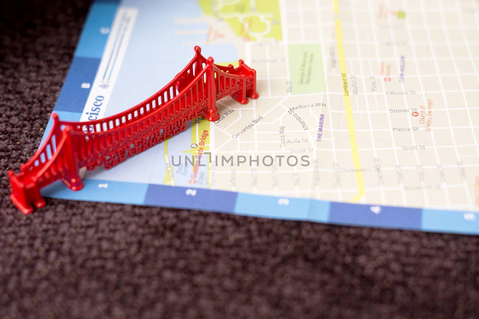 golden gate bridge miniature on a blurred map of San Francisco