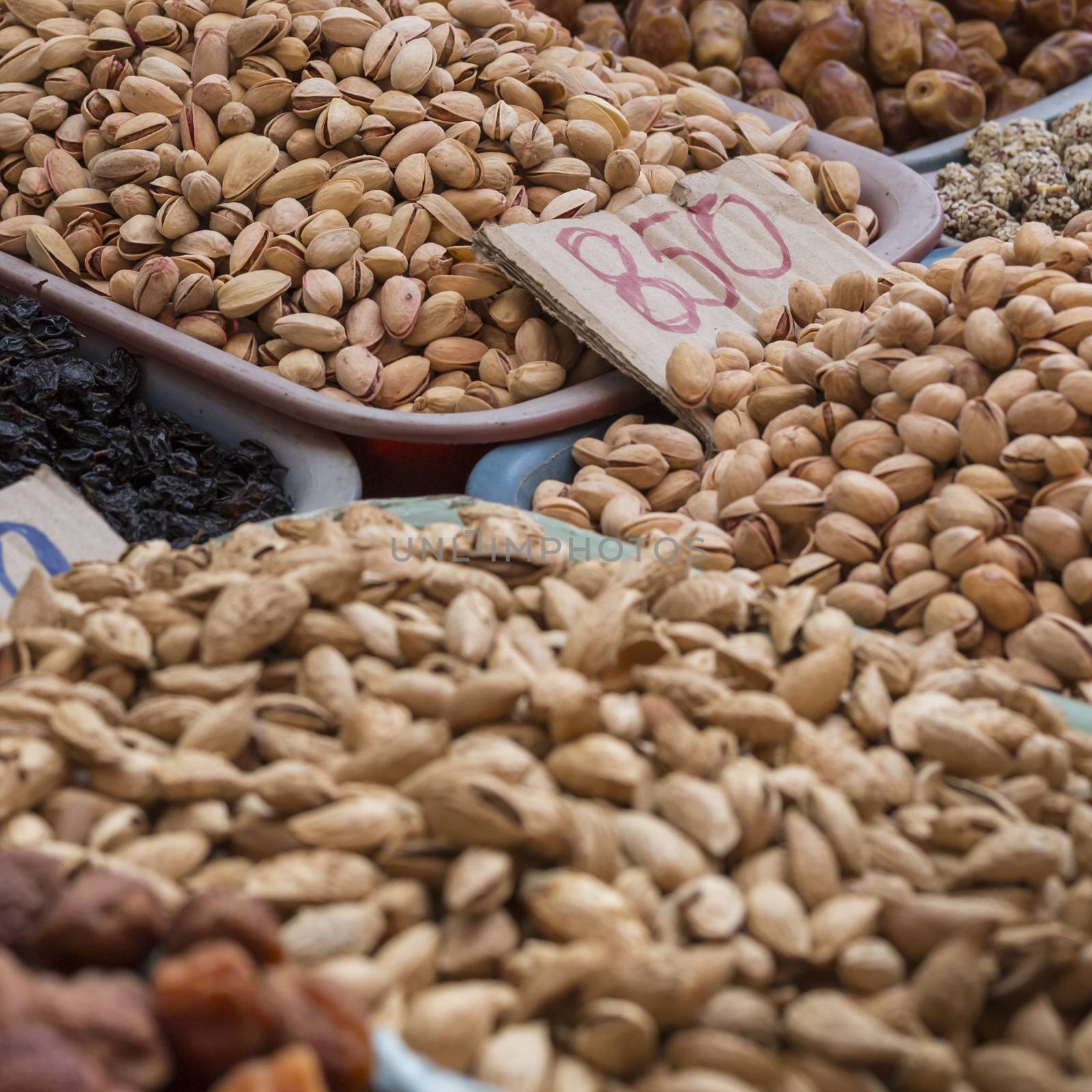 Spices and vegetables in bags at local bazaar in Osh. Kyrgyzstan.