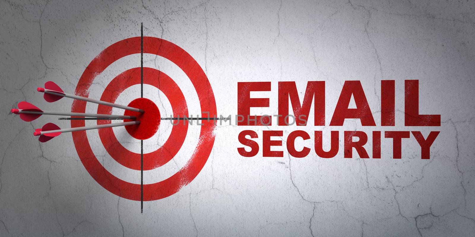 Success privacy concept: arrows hitting the center of target, Red Email Security on wall background, 3D rendering