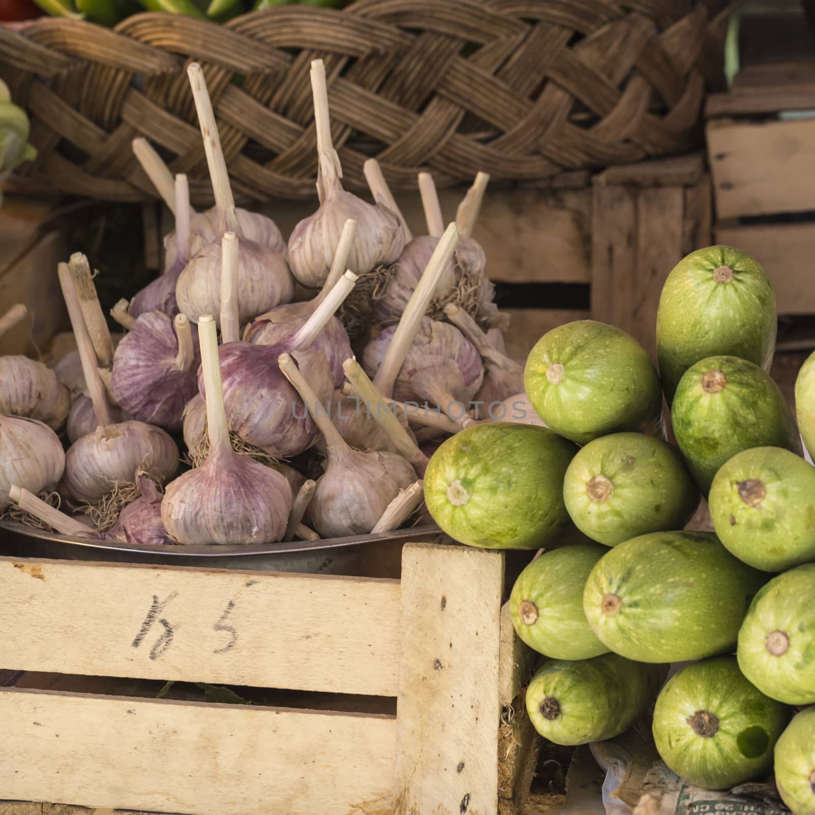 Fresh onion and garlic for sell in morning market, Bishkek, Kyrg by mariusz_prusaczyk