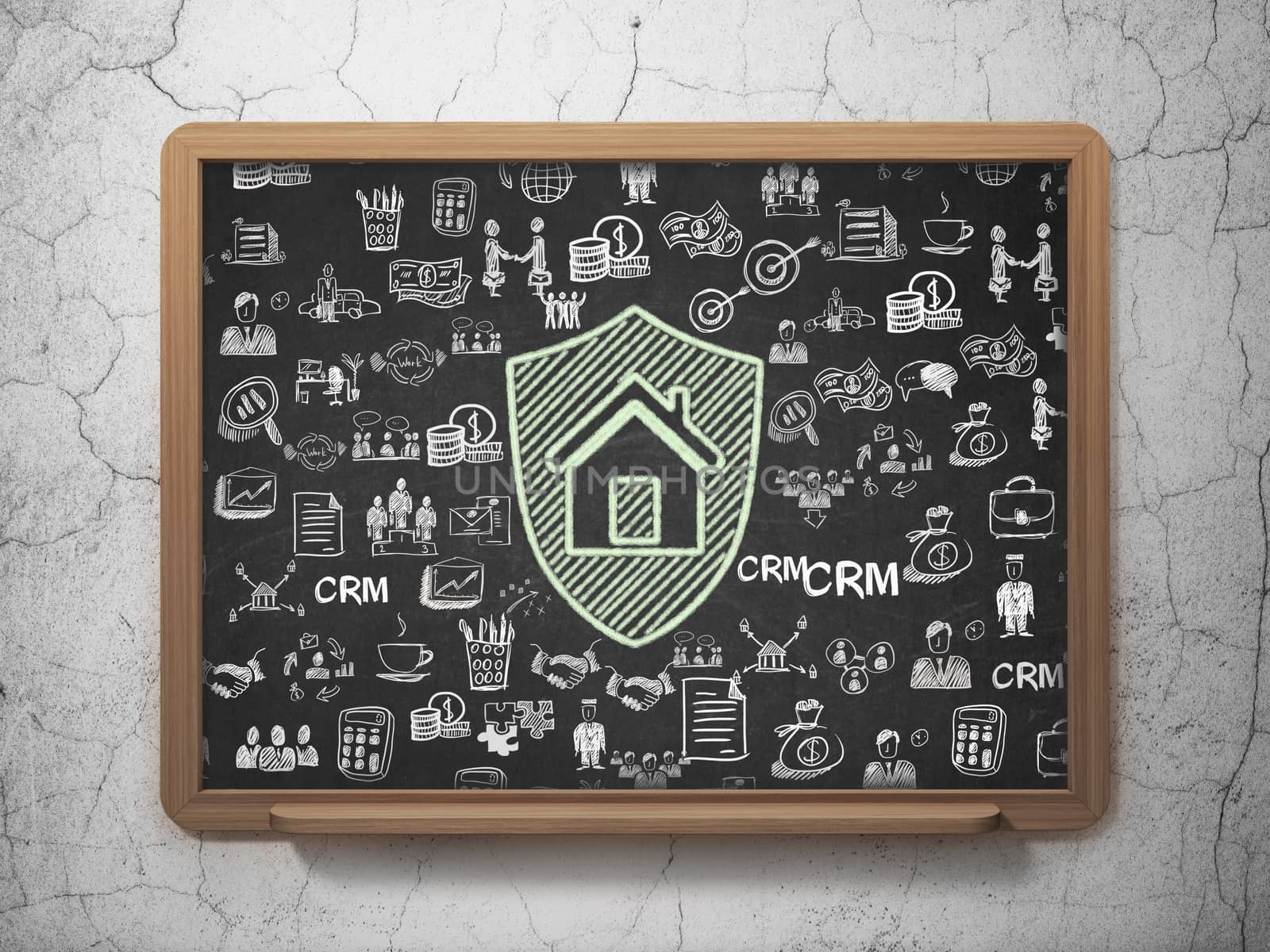 Finance concept: Chalk Green Shield icon on School board background with  Hand Drawn Business Icons, 3D Rendering