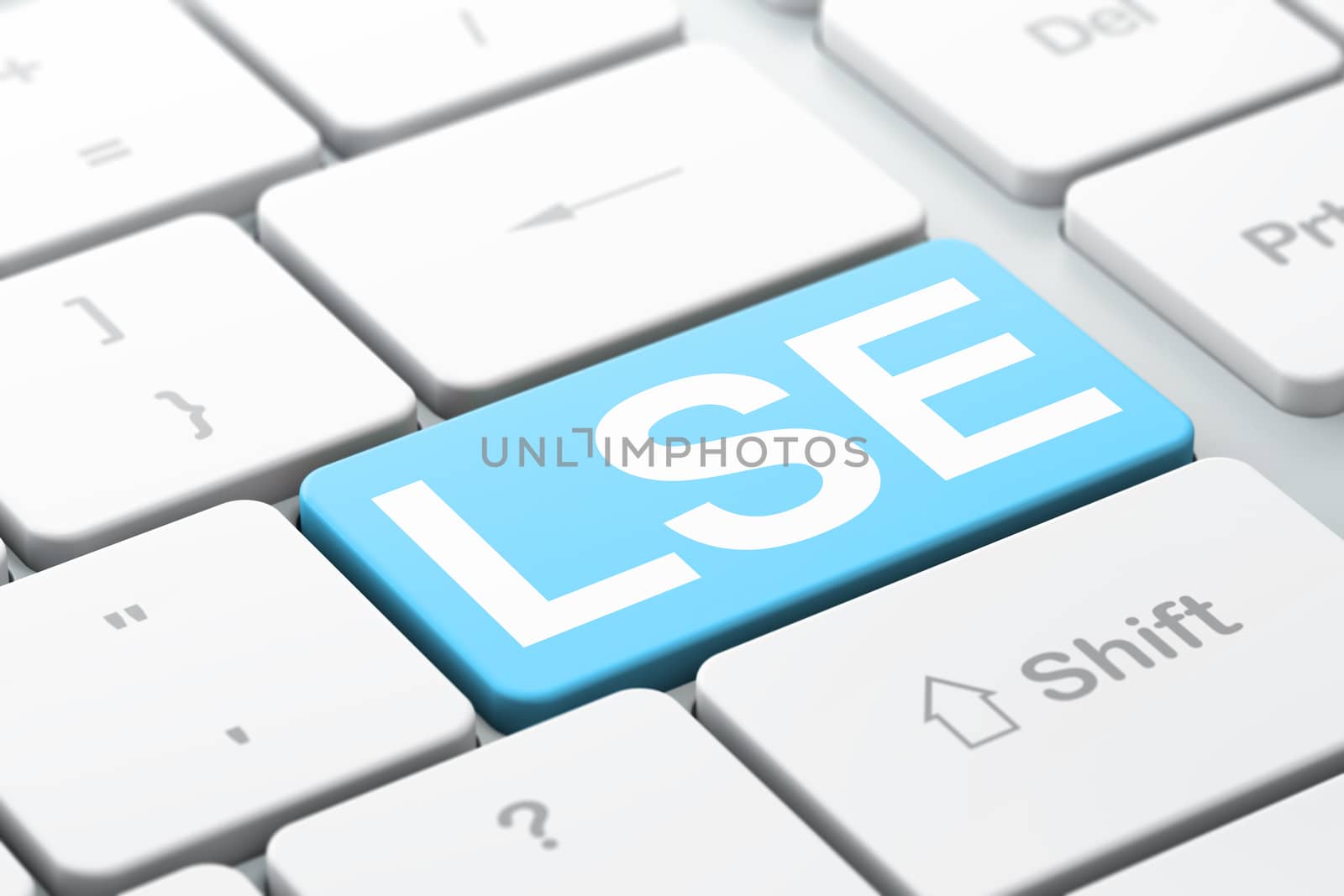 Stock market indexes concept: computer keyboard with word LSE, selected focus on enter button background, 3D rendering