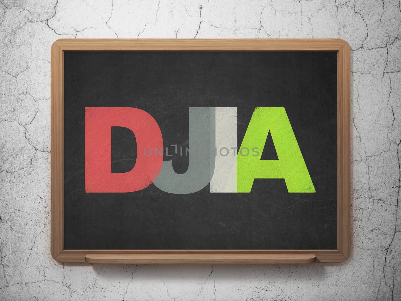 Stock market indexes concept: Painted multicolor text DJIA on School board background, 3D Rendering