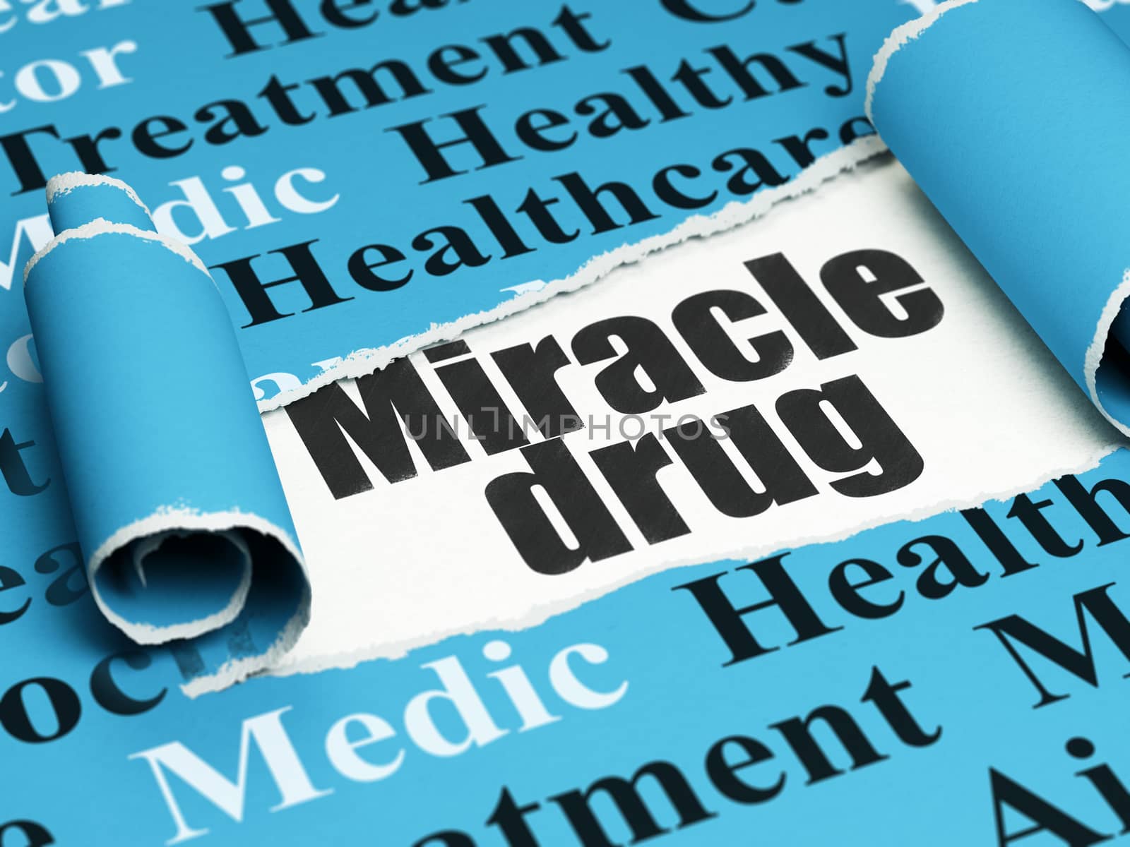 Medicine concept: black text Miracle Drug under the curled piece of Blue torn paper with  Tag Cloud, 3D rendering