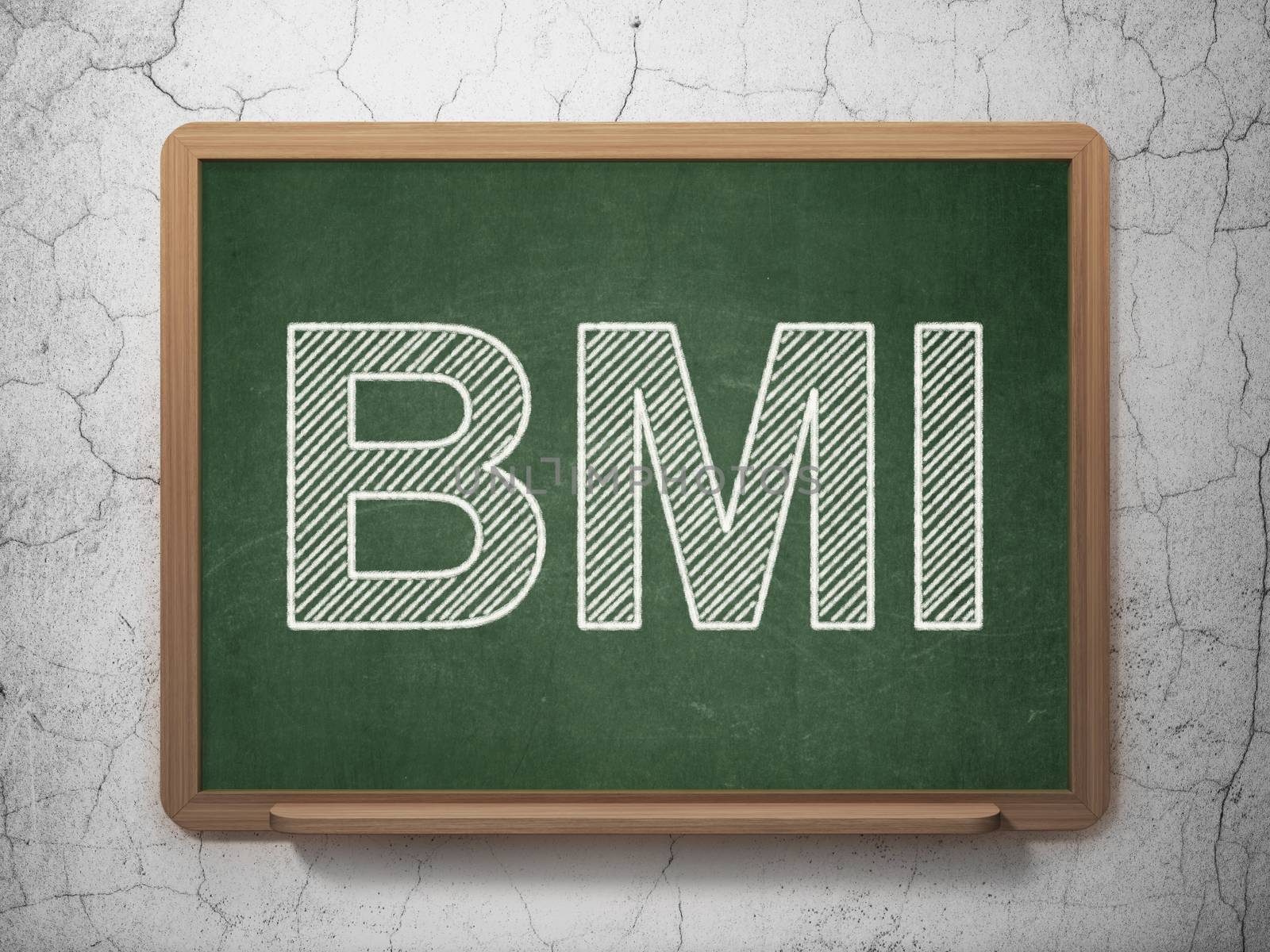 Healthcare concept: text BMI on Green chalkboard on grunge wall background, 3D rendering