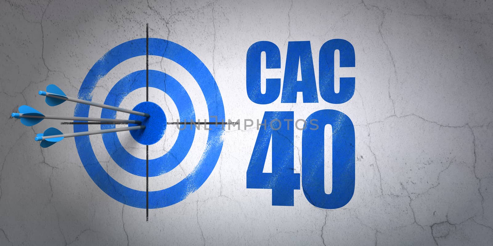 Success Stock market indexes concept: arrows hitting the center of target, Blue CAC 40 on wall background, 3D rendering