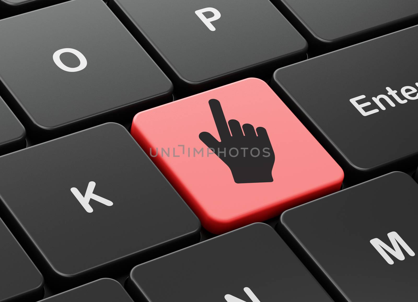 Social media concept: computer keyboard with Mouse Cursor icon on enter button background, 3D rendering