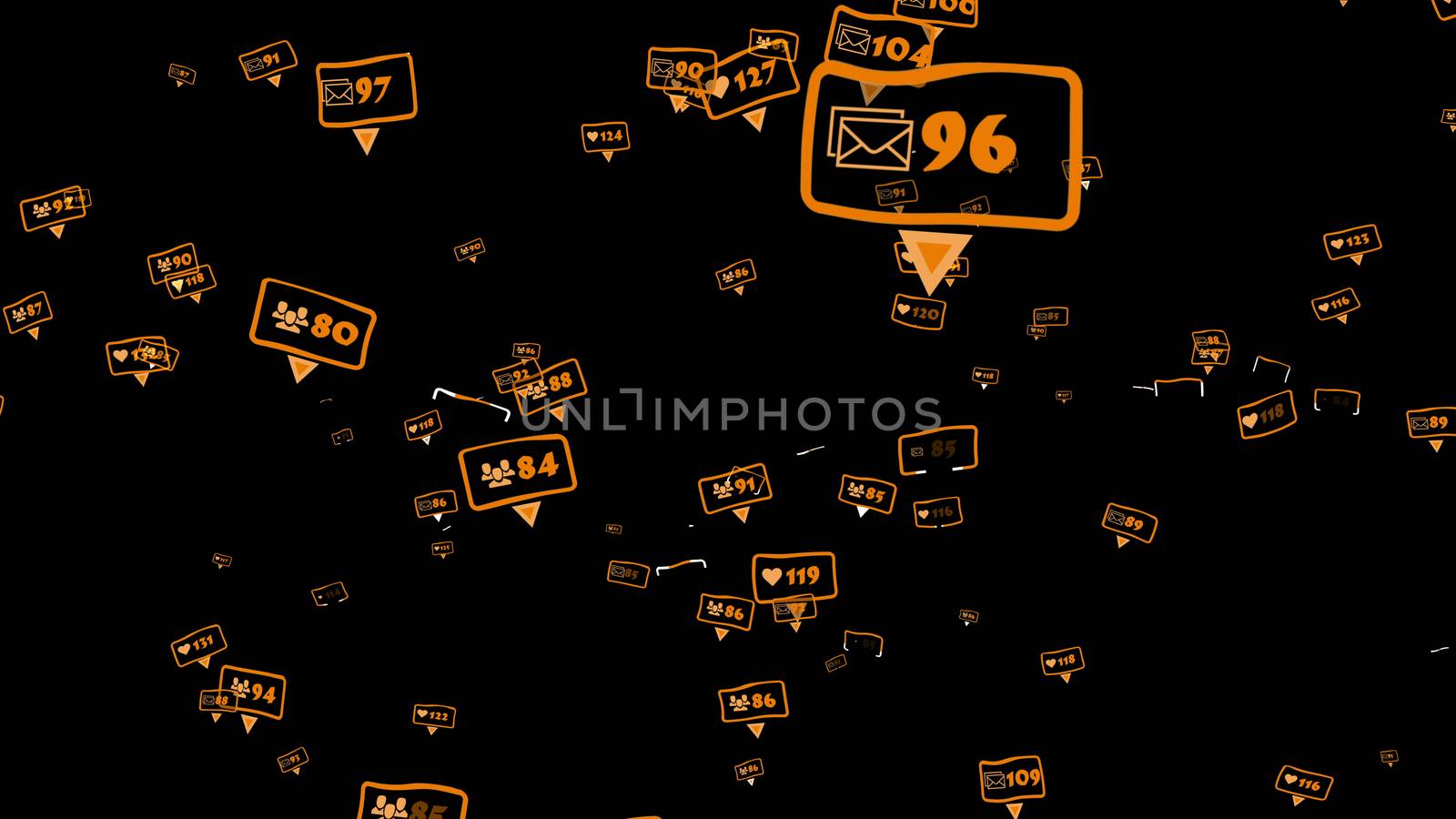 Random Like, Follower, Comment Icons on a black background. Social media concept. 3d illustration.