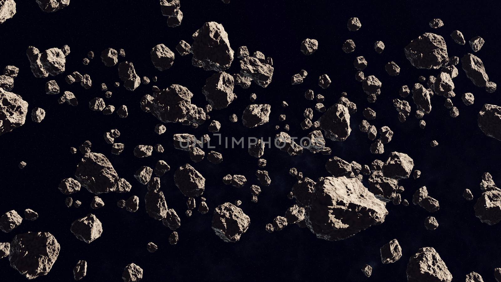 3d rendering of Asteroid field on a black backdrop.