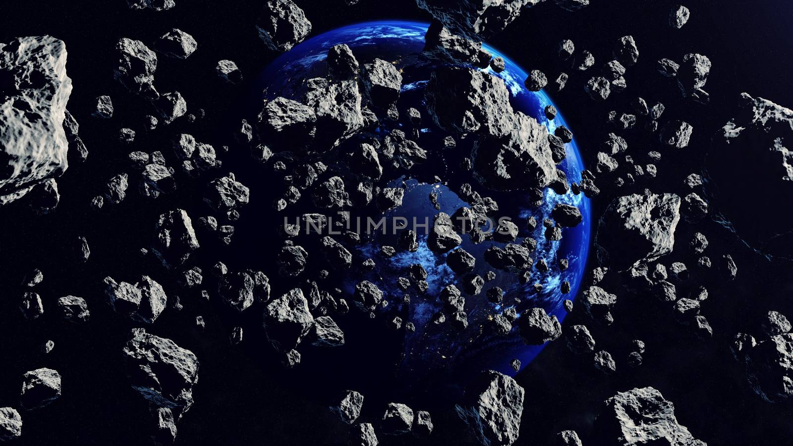 3d rendering of Asteroids Closing to the Earth Planet. Apocalypse Concept. Elements of this illustration furnished by NASA.