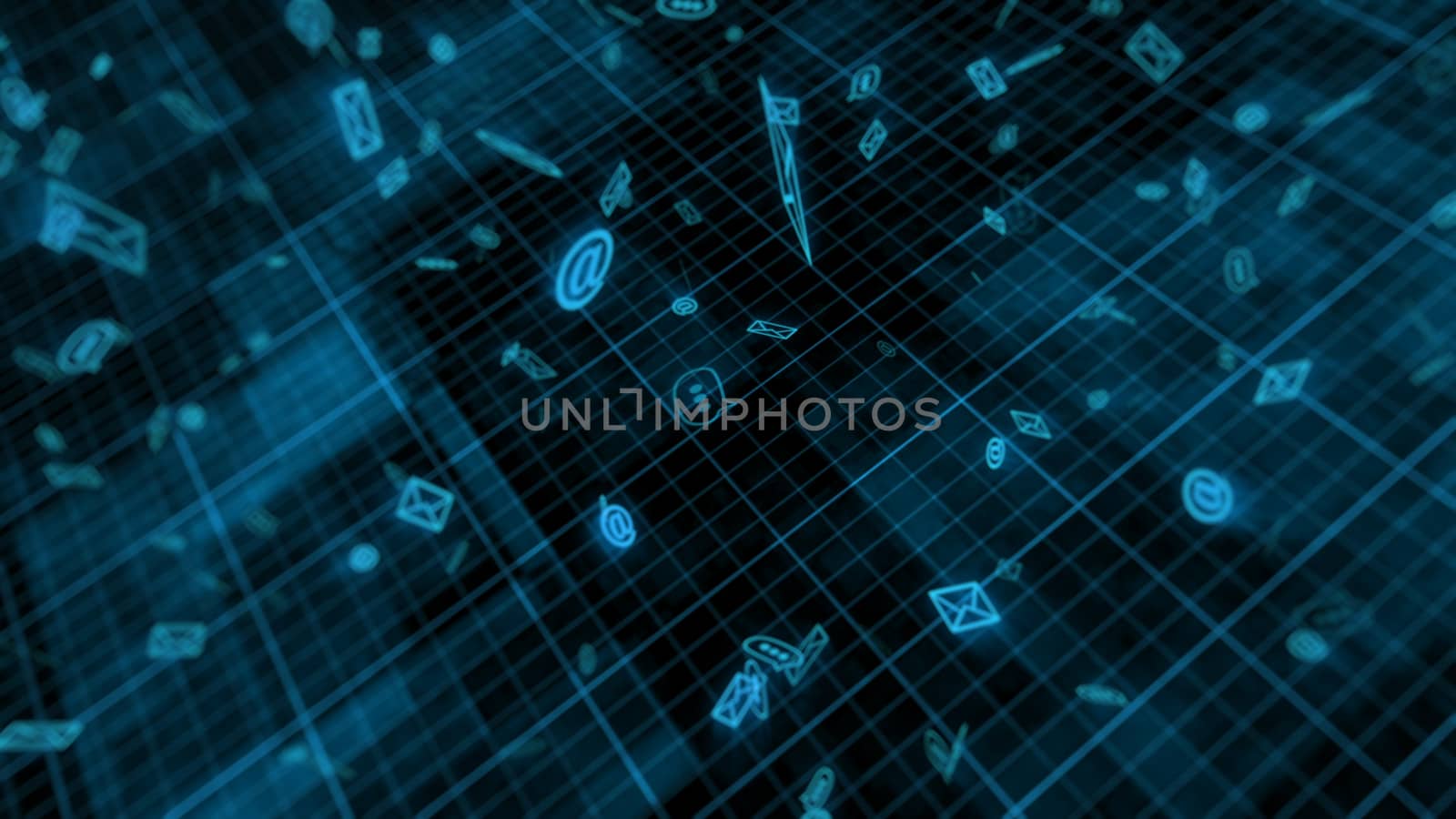 Background with media email icons on a dark grid background. 3d rendering.