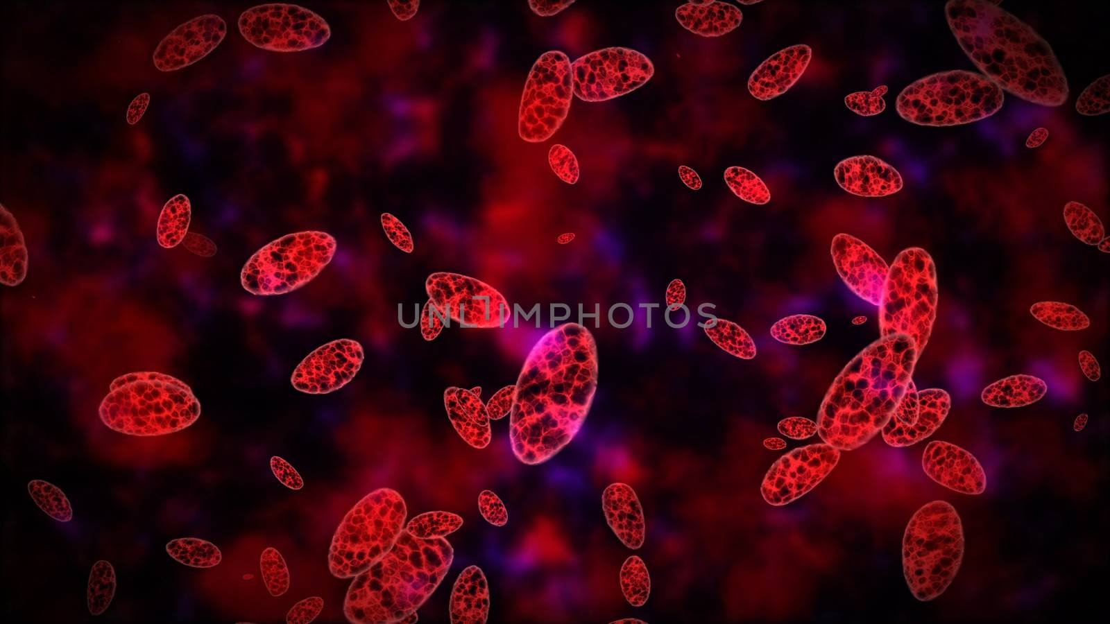 3d rendering of abstract red cells with a fractal texture on a dark red background