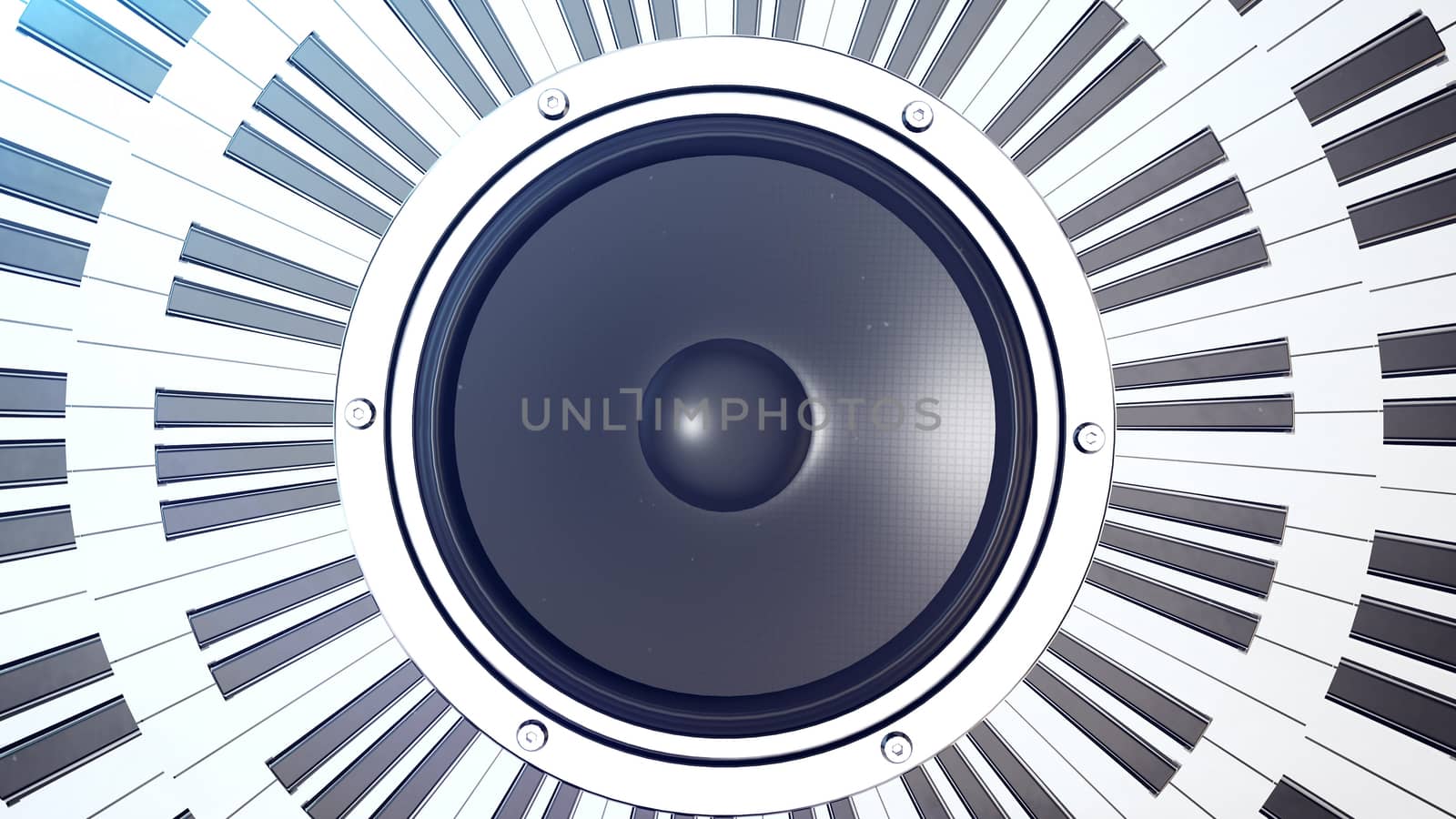 3d rendering of abstract grand piano keys in a circle over an audio monitor. Music concept.