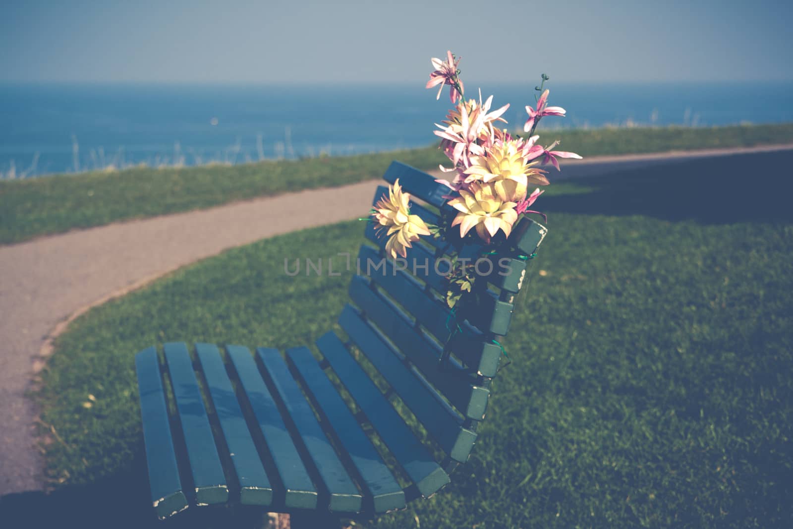 lonely Park bench with flower by jlsphotos