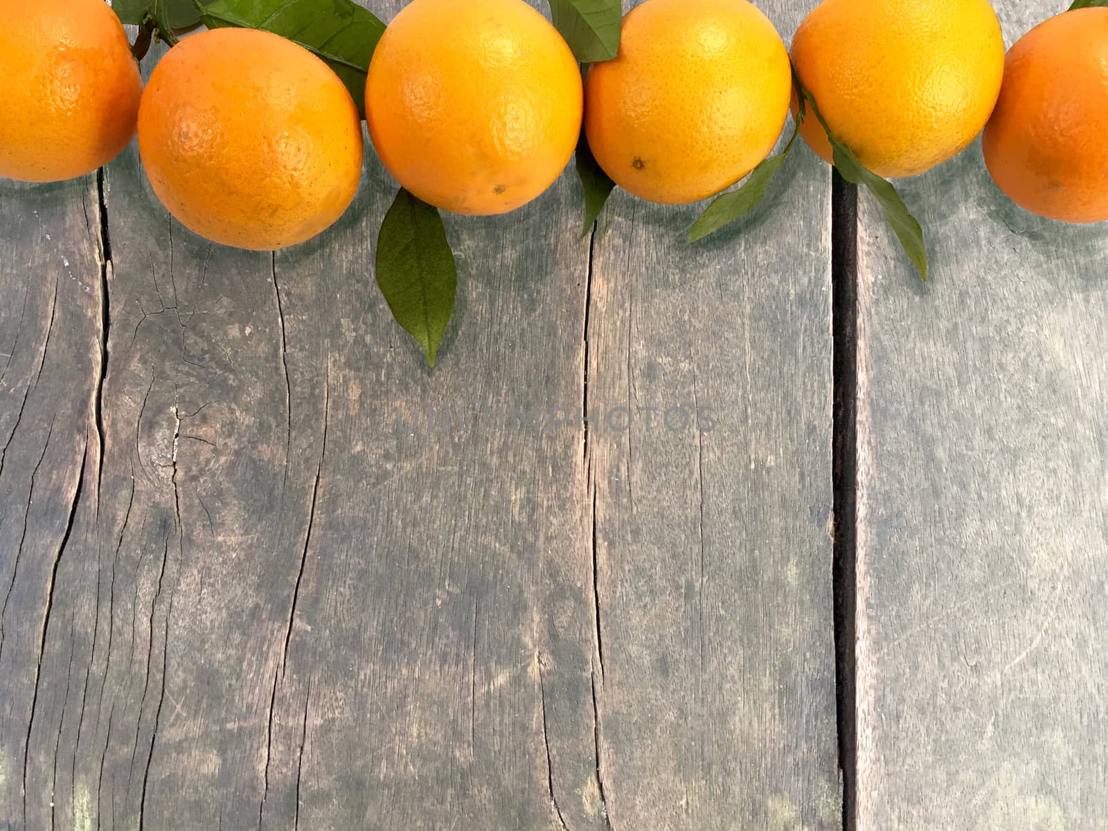 Closeup of Fresh ripe oranges on wooden background with copy space