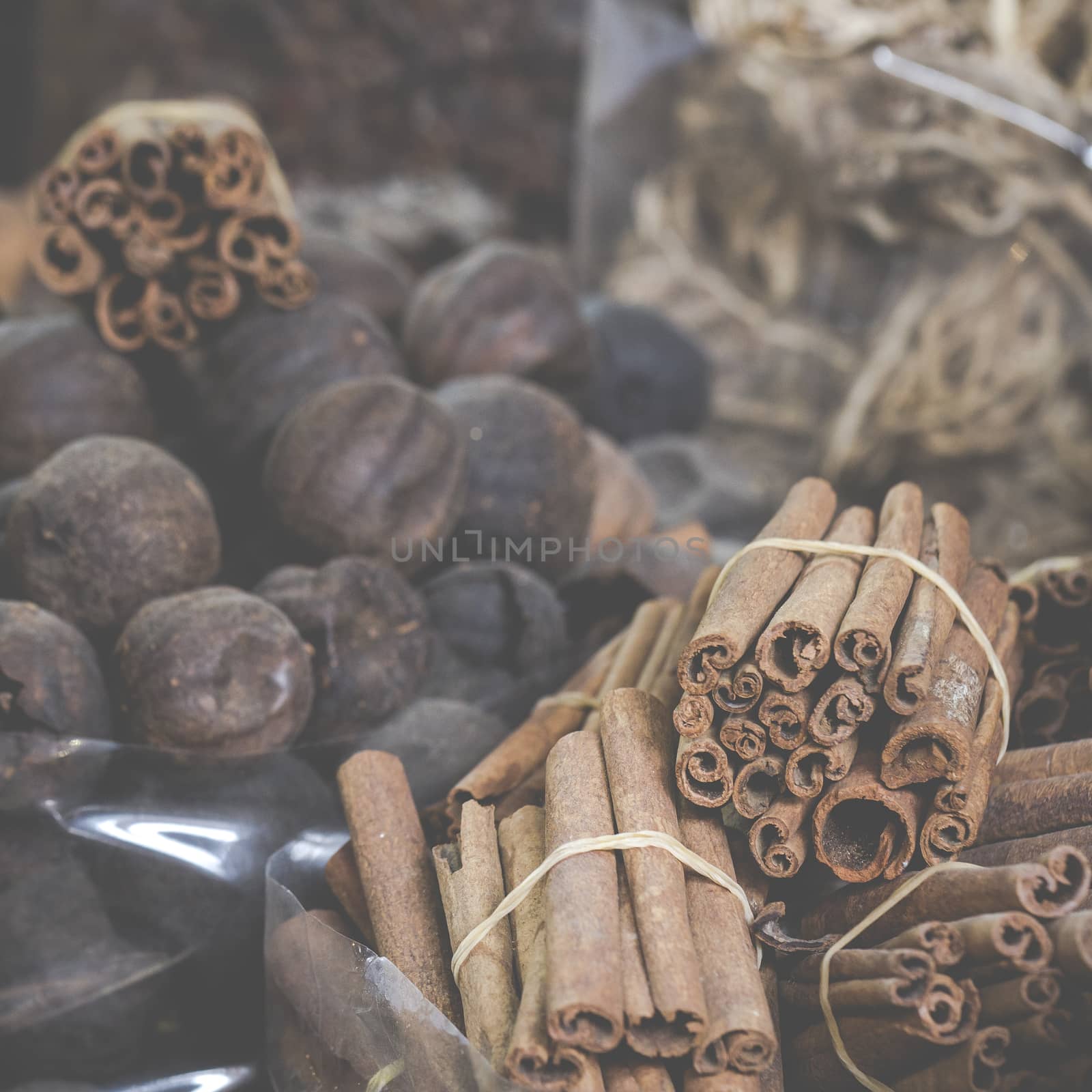 Dried herbs, flowers and arabic spices in the souk at Deira in Dubai, UAE.