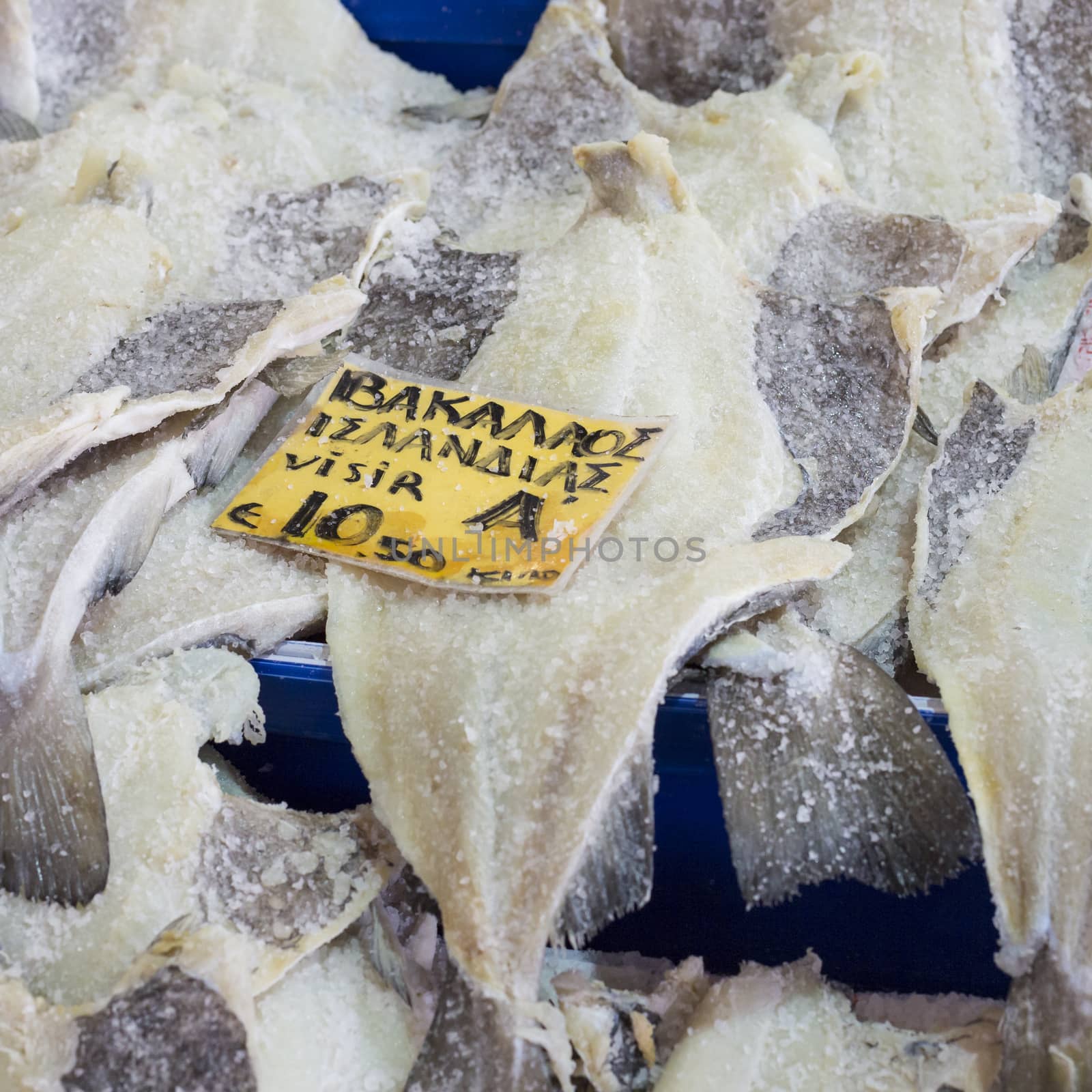 Salted Cod fish Bacalao on the market, Greece.