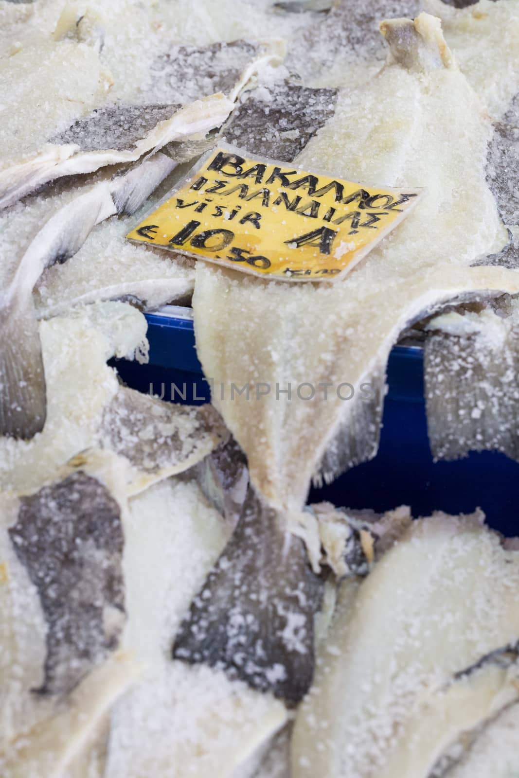 Salted Cod fish Bacalao on the market, Greece.