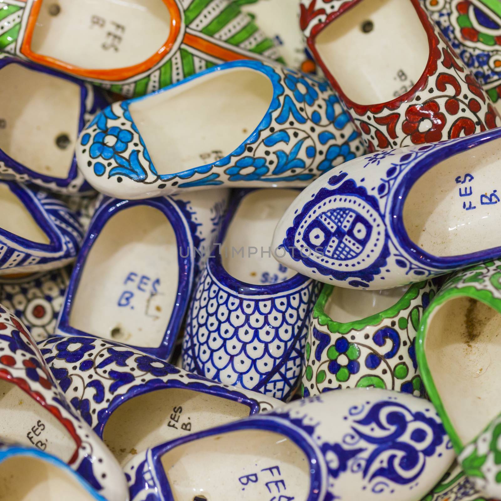 Selection of traditional ceramics on Moroccan market (souk) in Fes, Morocco