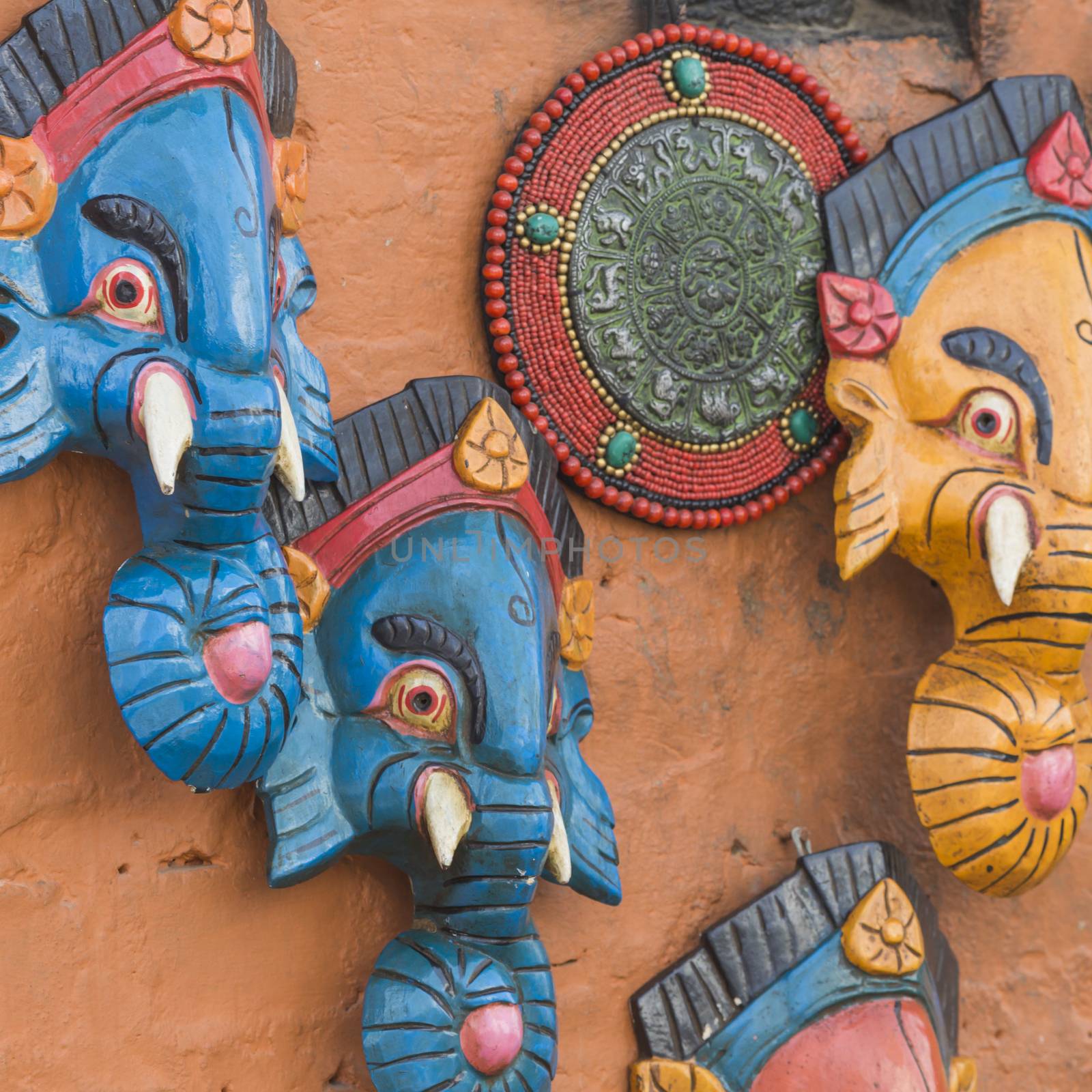 Masks, dolls and souvenirs in street shop at Durbar Square in Ka by mariusz_prusaczyk