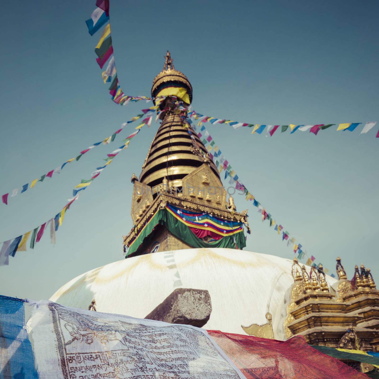 Stupa in Swayambhunath Monkey temple in Kathmandu, Nepal.

