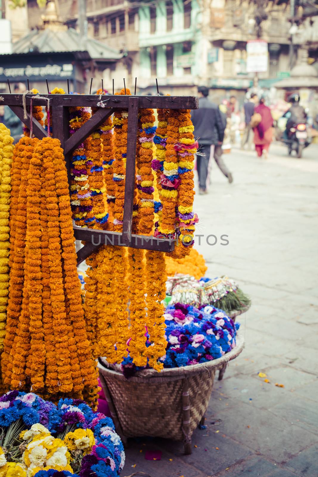 The street vendor sels his fruits and vegetables in Thamel in Kathmandu, Nepal.