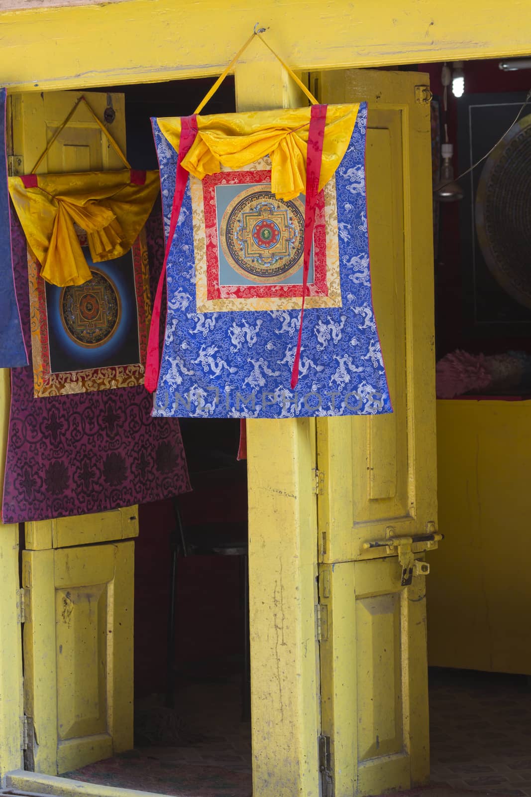 Traditional decorated door on old stone nepalese house by mariusz_prusaczyk