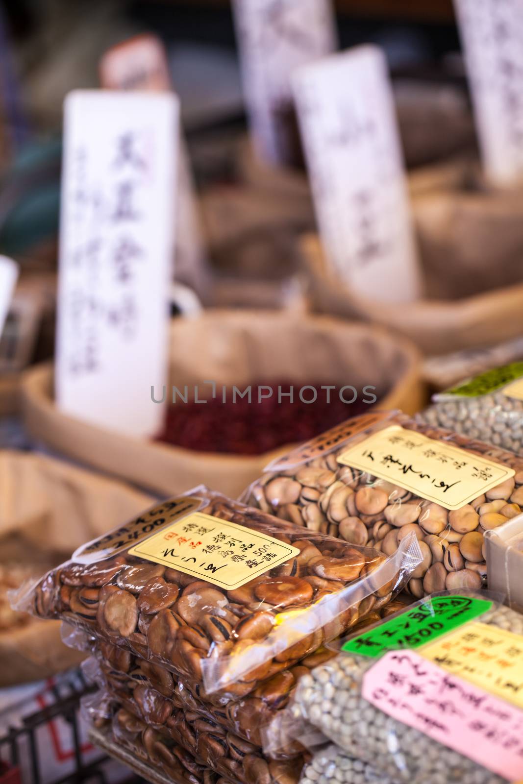 Exotic foods on display in traditional market in Japan.