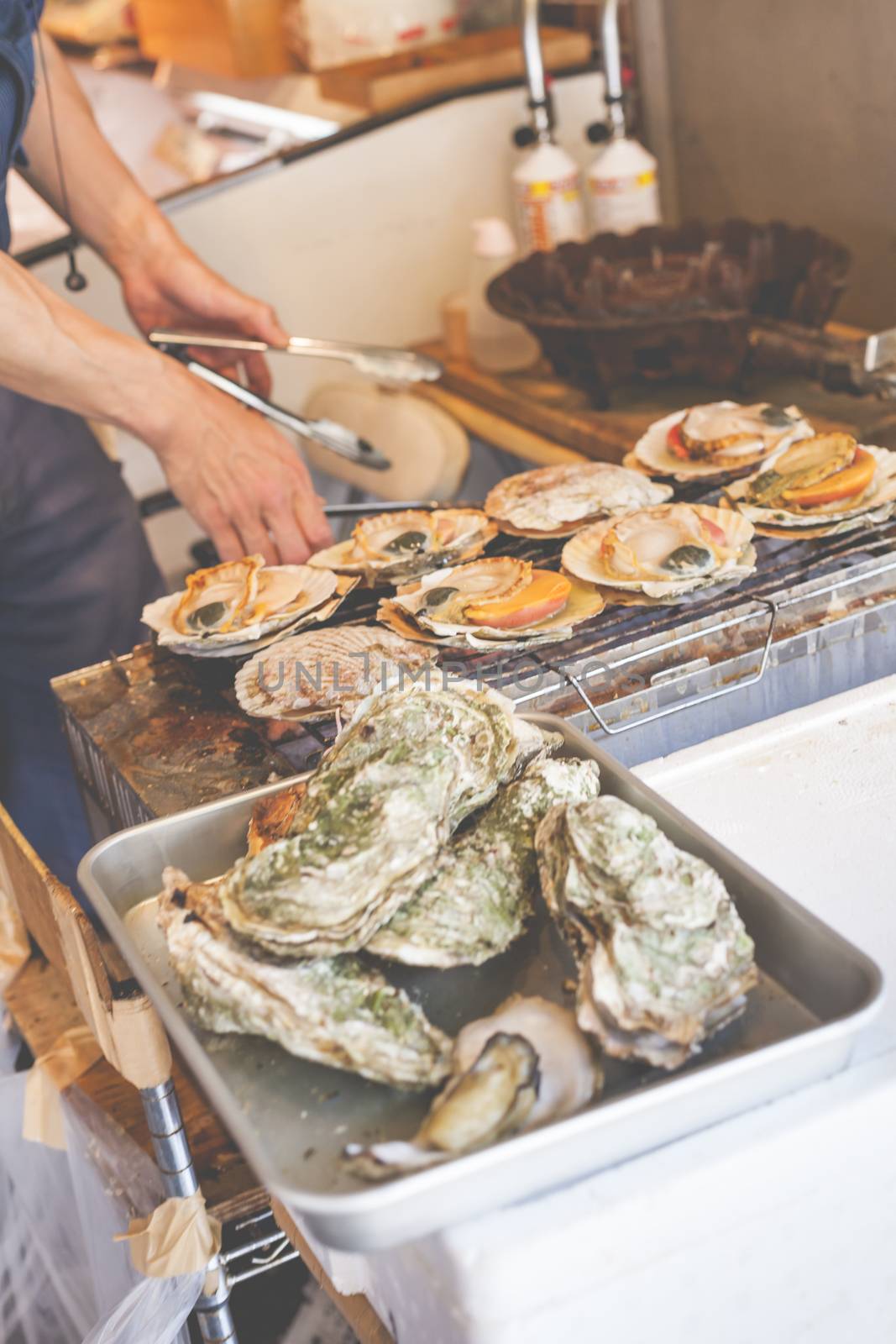 Raw seafood selling on market in Japan